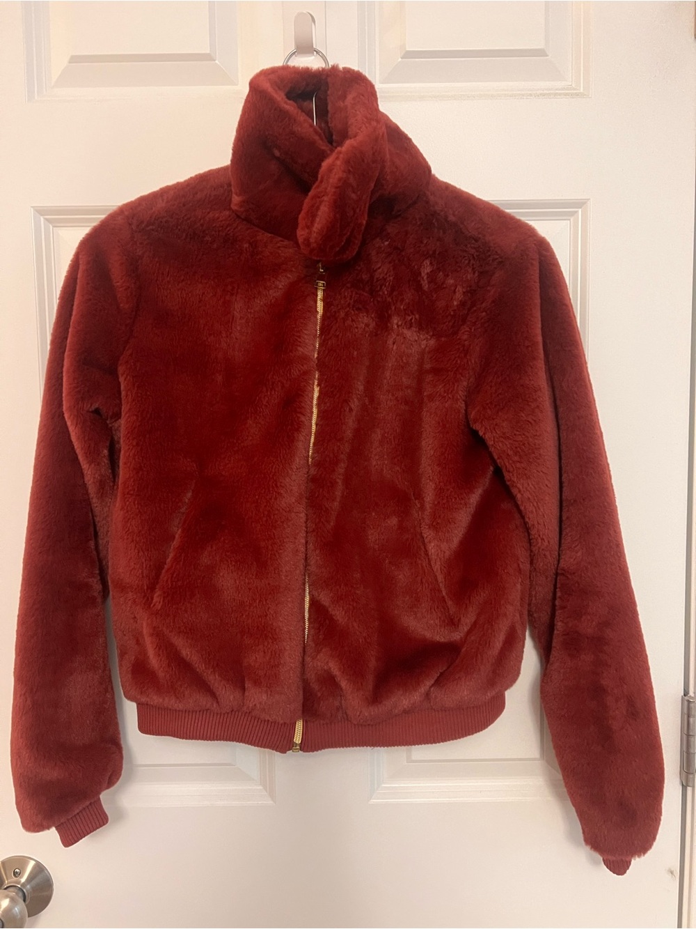 Say What? Plush Faux Fur Bomber Jacket in Deep Rust Red